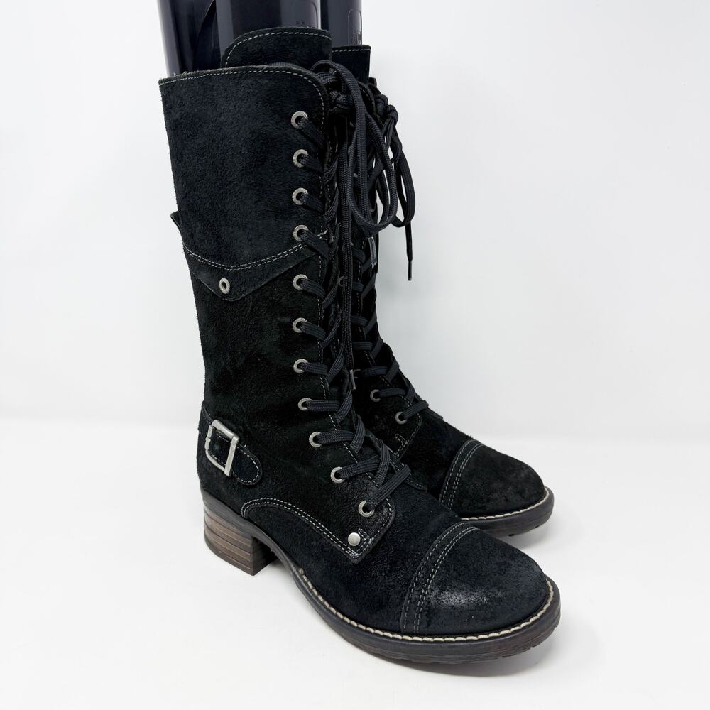 Taos Black Suede Tall Crave Boots Size EU 37 Lace Up/Side Zip Made in Portugal